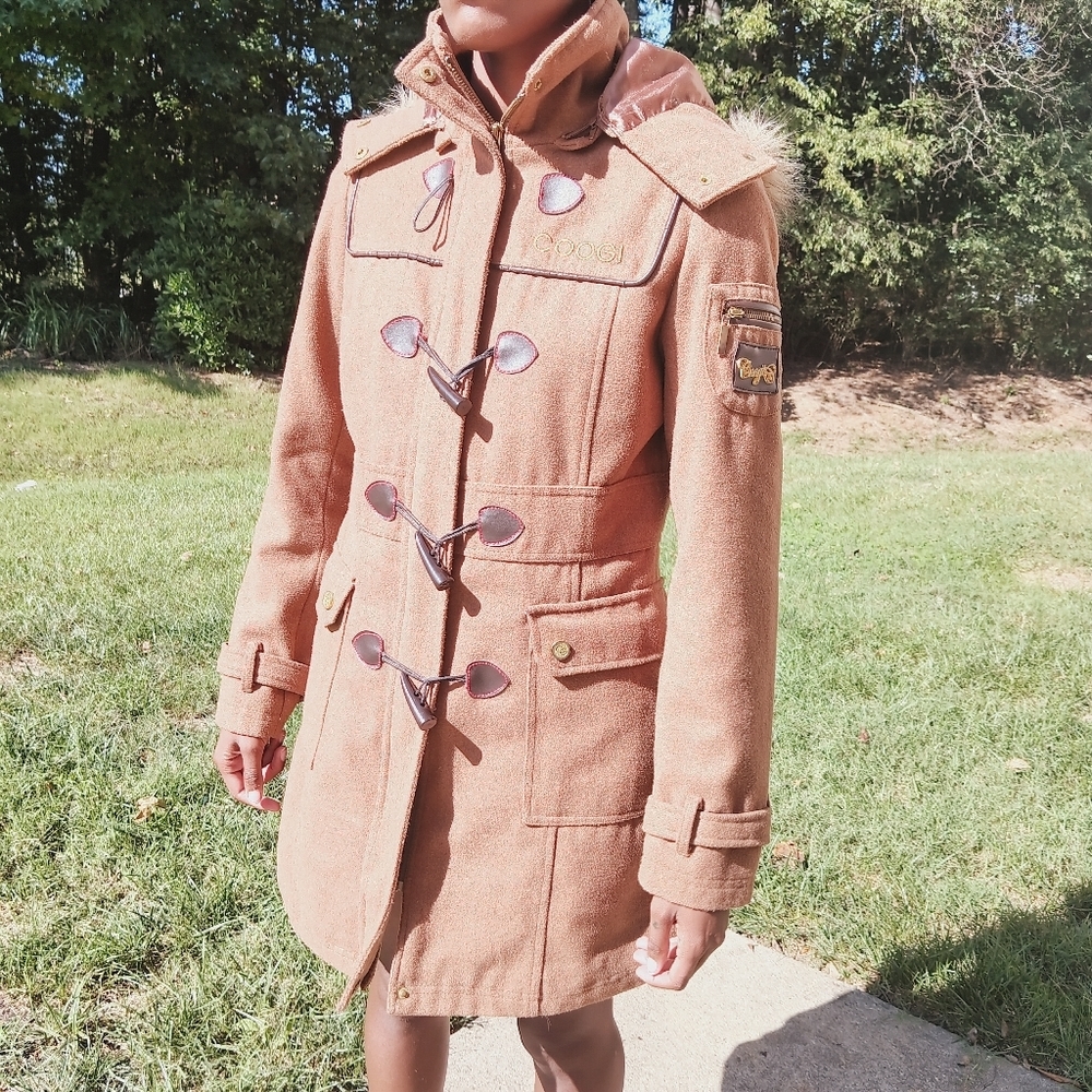 Coogi Military Wool Pea Coat With Fur Hood Women's Size Small